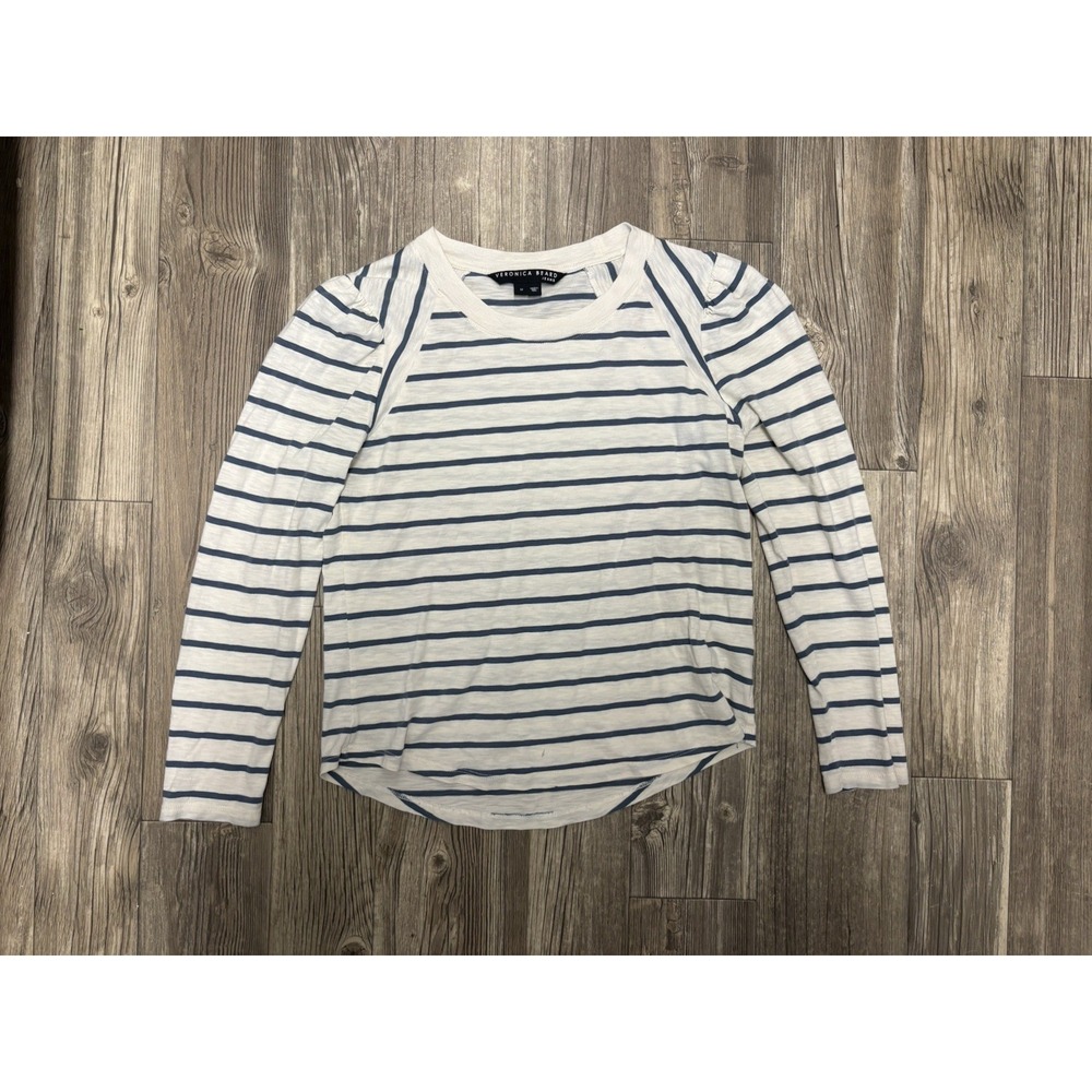 Veronica Beard Pima Cotton Striped Long Sleeve Top Curved Hem Puff Shoulder M